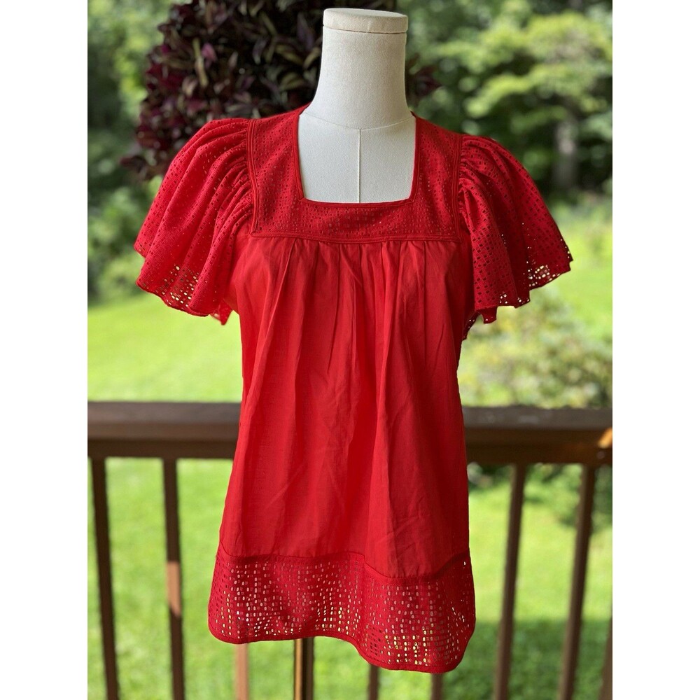 NWT Anthropologie PEPIN Red Eyelet Blouse M Flutter Sleeve Square Neck Top